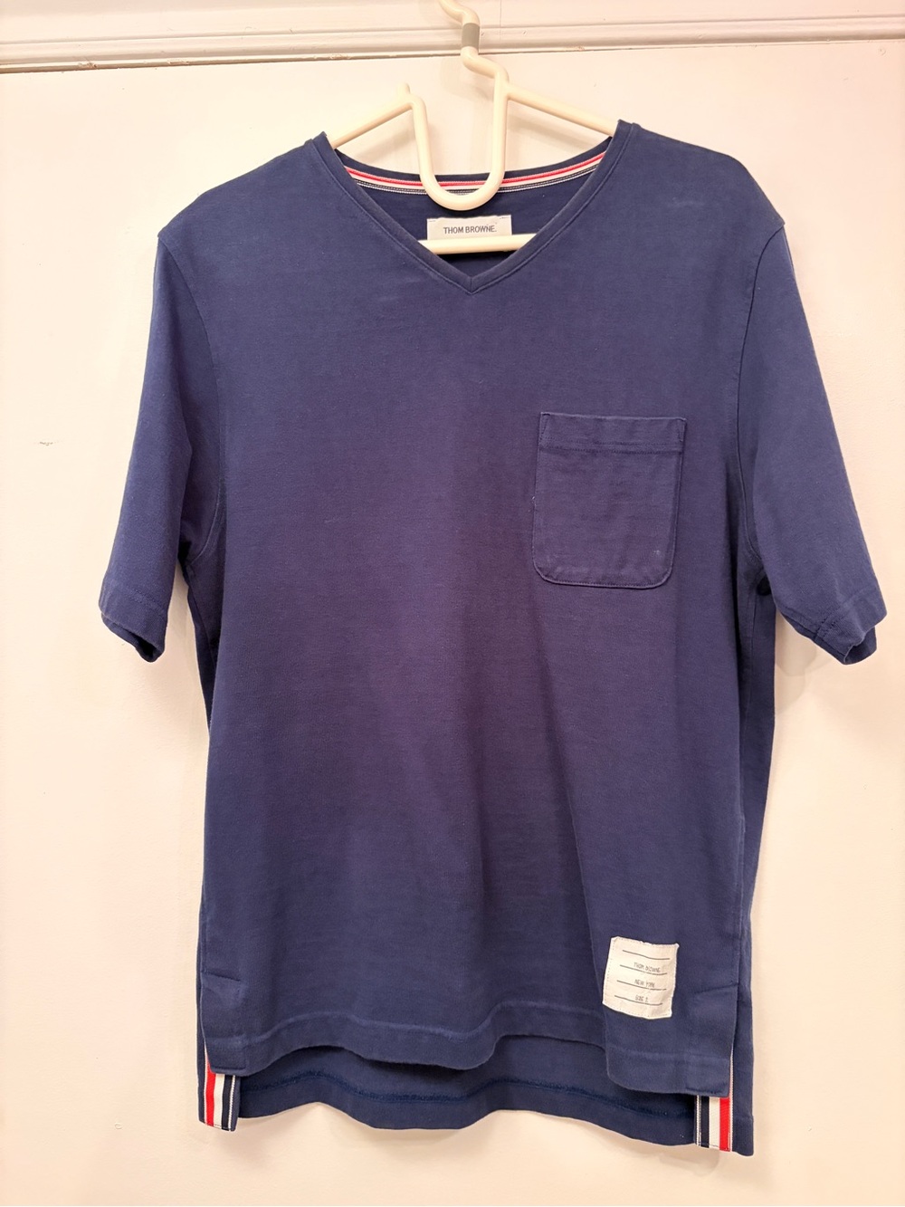 Thom Browne Navy V-Neck Pocket Tee with Tricolor Trim